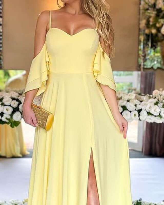 Yellow Chiffon Cold Shoulder Bridesmaid Dresses