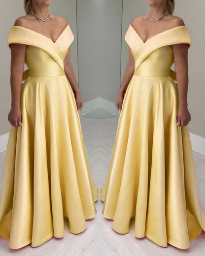 Long Yellow Satin Bridesmaid Dresses
