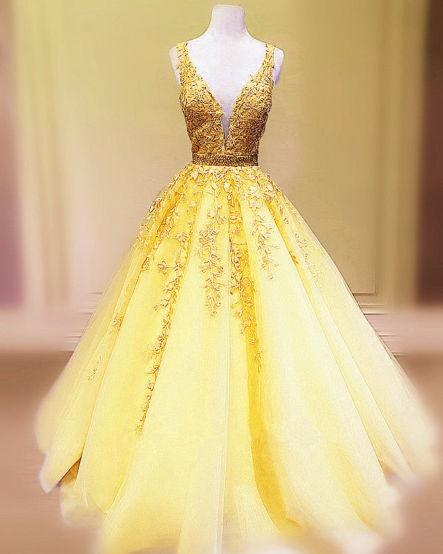 Tulle V Neck Prom Dresses Lace Embroidery Ball Gown