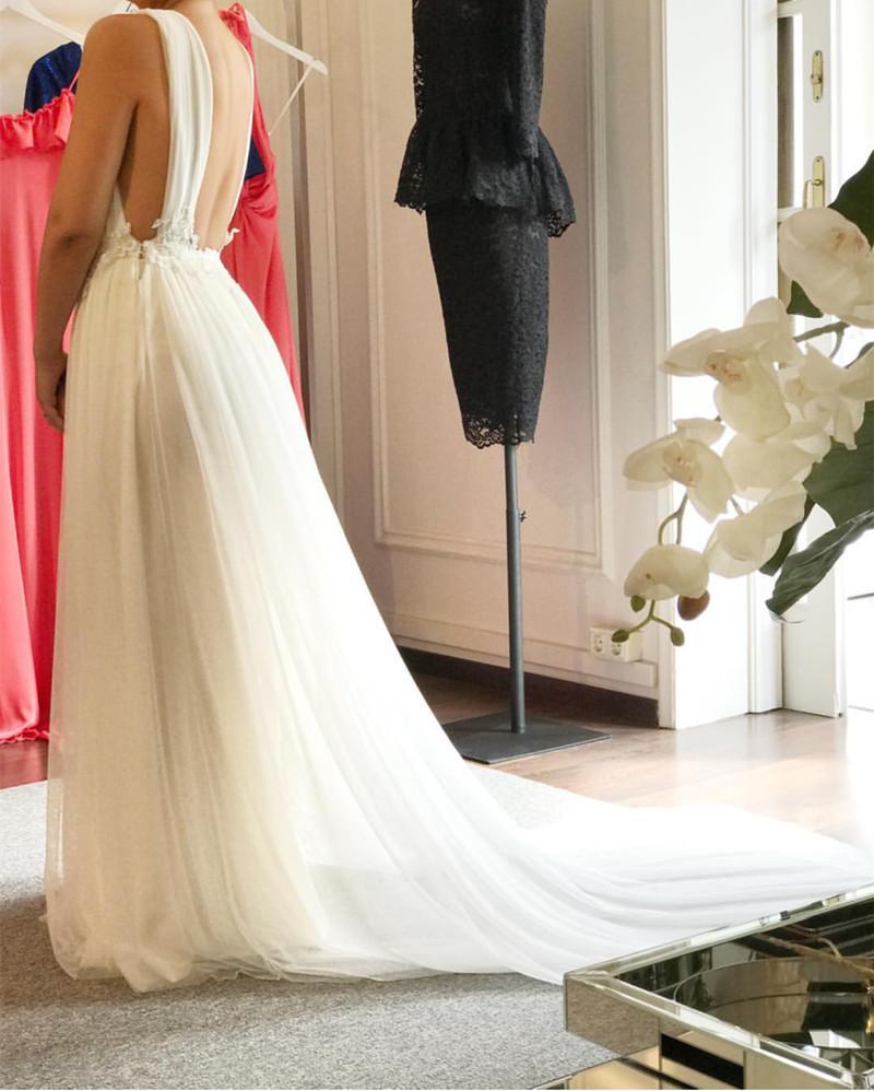 Tulle Wedding Dress Plunge Neck Open Back